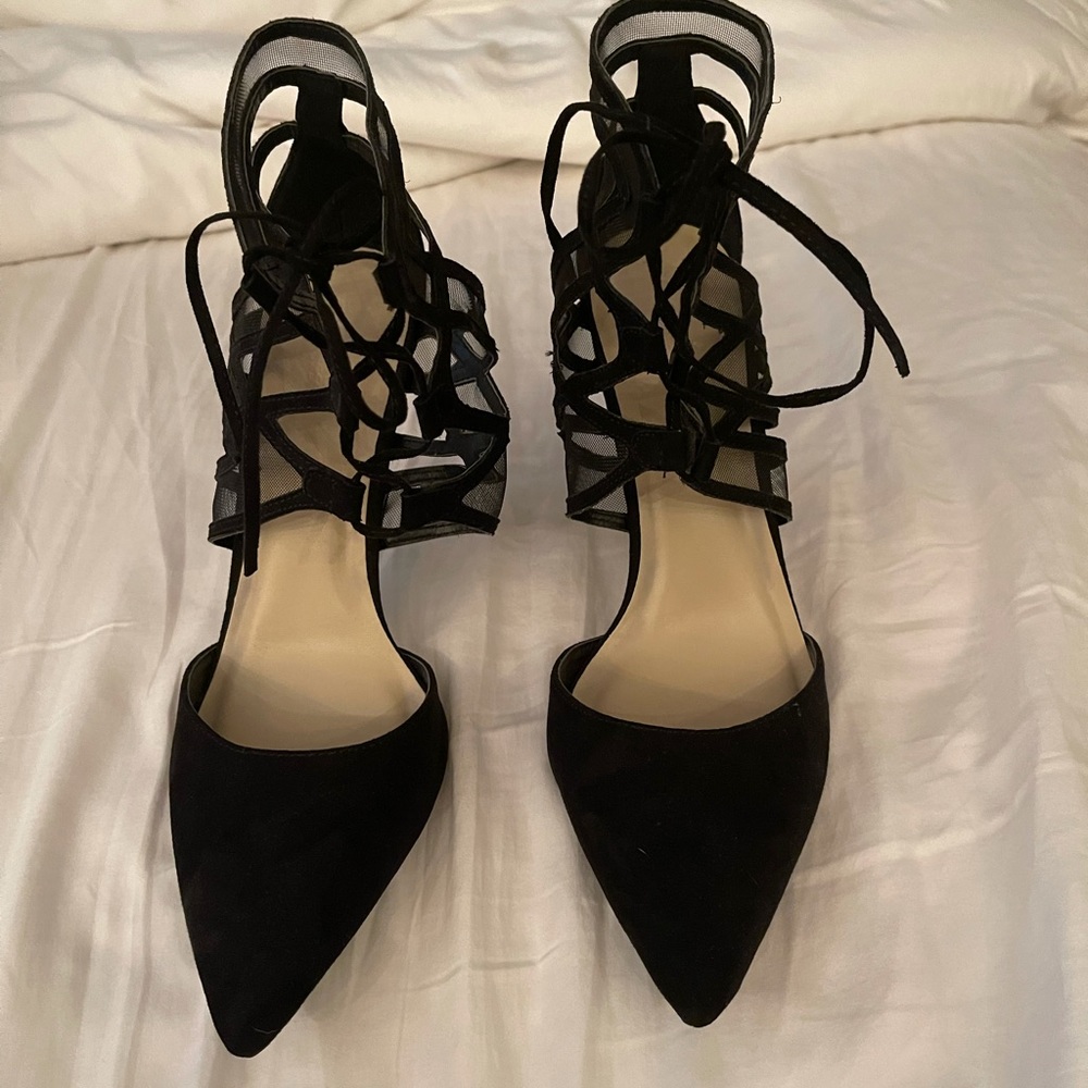 CHARLOTTE RUSSE- NEVER WORN black mesh tie up heels - Picture 1 of 8